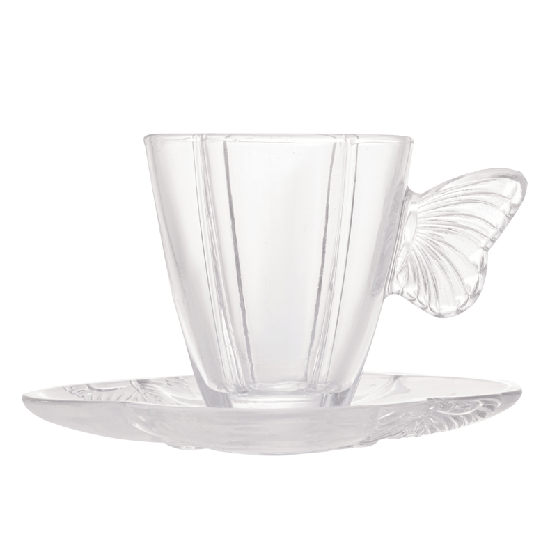 Jogo 4 Xícaras de Chá com Pires em Vidro Butterfly 180ml